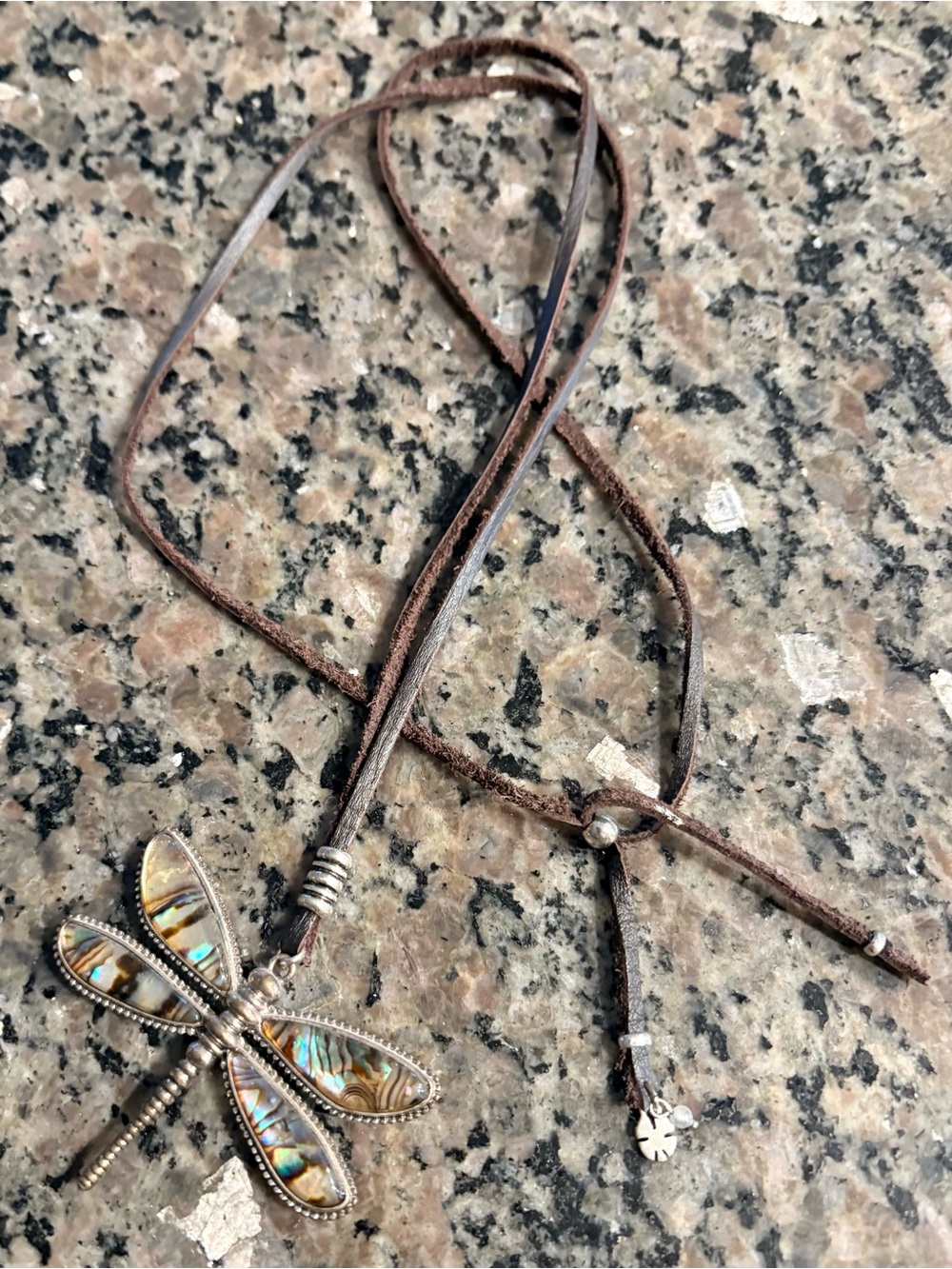 Beautiful Brown Leather Necklace with Abalone Dragonfly Pendant